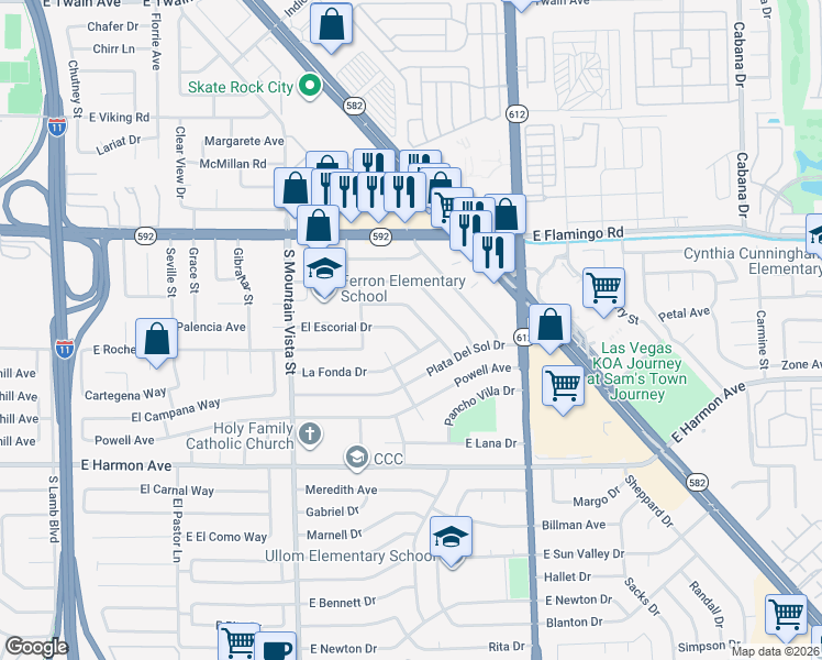 map of restaurants, bars, coffee shops, grocery stores, and more near 4785 San Sebastian Avenue in Las Vegas