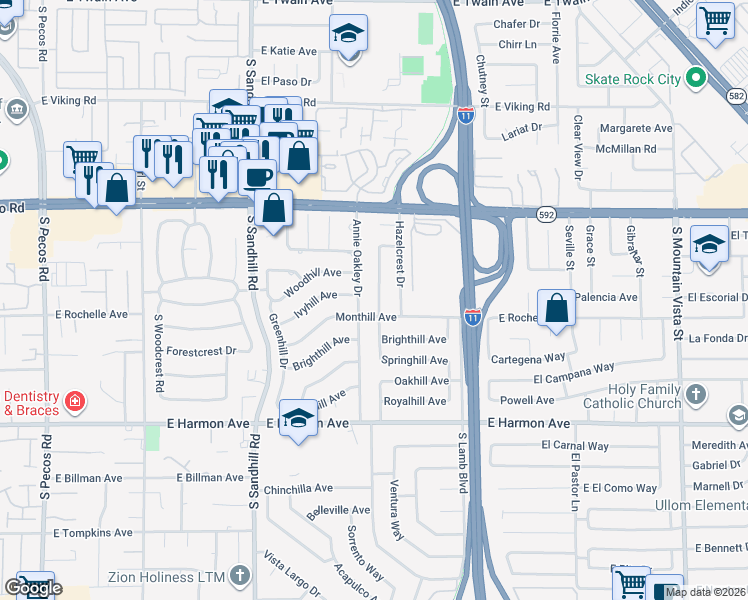 map of restaurants, bars, coffee shops, grocery stores, and more near 4245 Hazelcrest Drive in Las Vegas