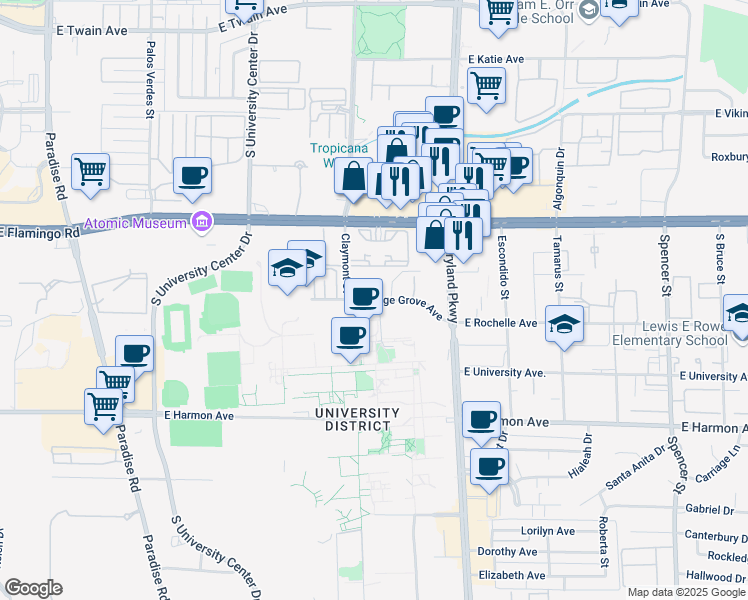 map of restaurants, bars, coffee shops, grocery stores, and more near 4223 Fairfax Circle in Las Vegas