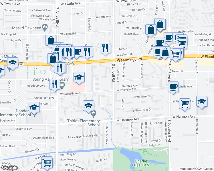 map of restaurants, bars, coffee shops, grocery stores, and more near 5576 West Rochelle Avenue in Las Vegas