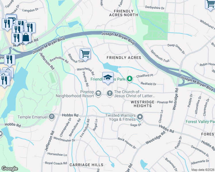 map of restaurants, bars, coffee shops, grocery stores, and more near 3720 Pinetop Road in Greensboro