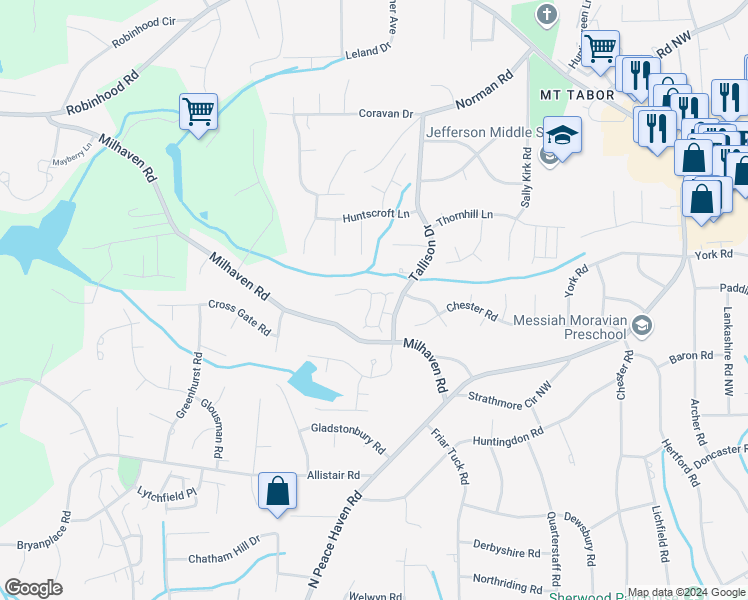 map of restaurants, bars, coffee shops, grocery stores, and more near 522 Claridge Circle in Winston-Salem