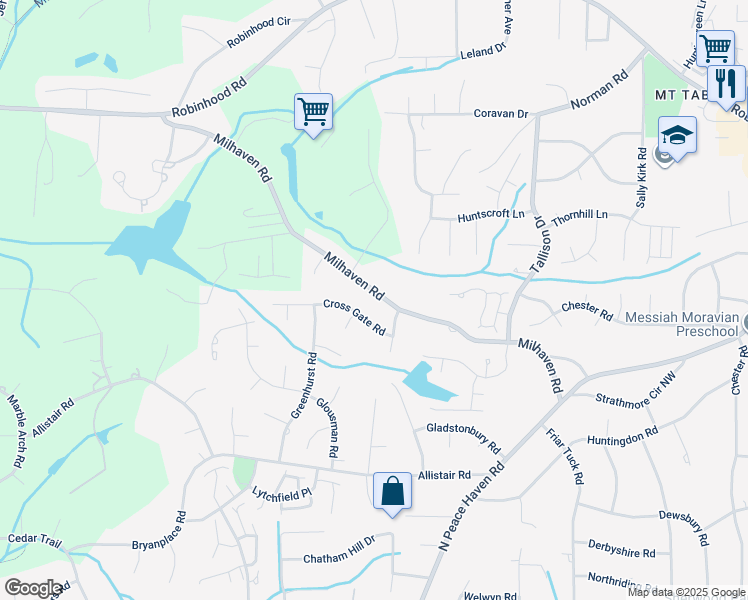 map of restaurants, bars, coffee shops, grocery stores, and more near 3578 Milhaven Road in Winston-Salem