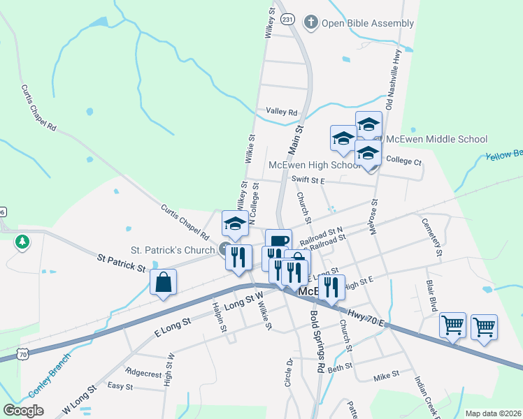 map of restaurants, bars, coffee shops, grocery stores, and more near 383 Main Street in McEwen