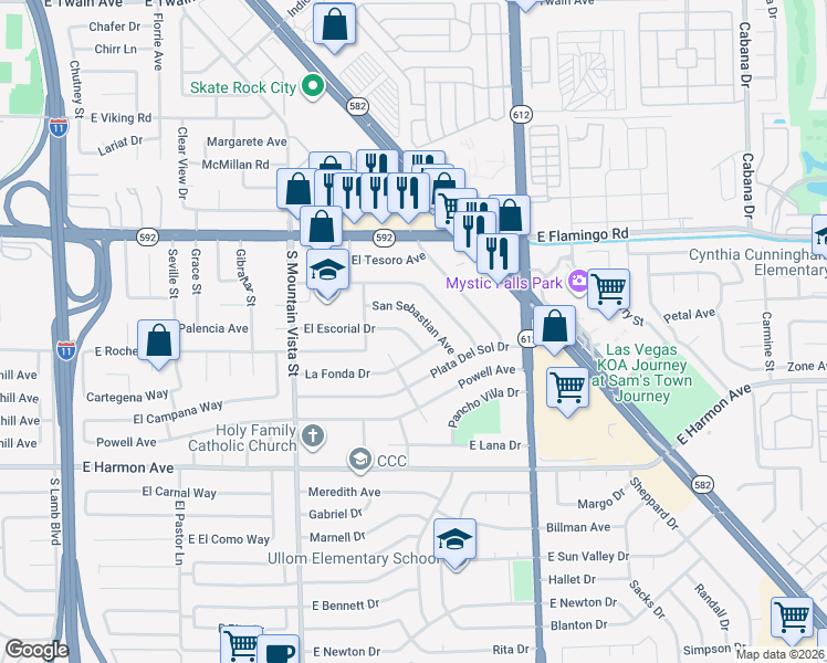map of restaurants, bars, coffee shops, grocery stores, and more near 4830 El Escorial Drive in Las Vegas