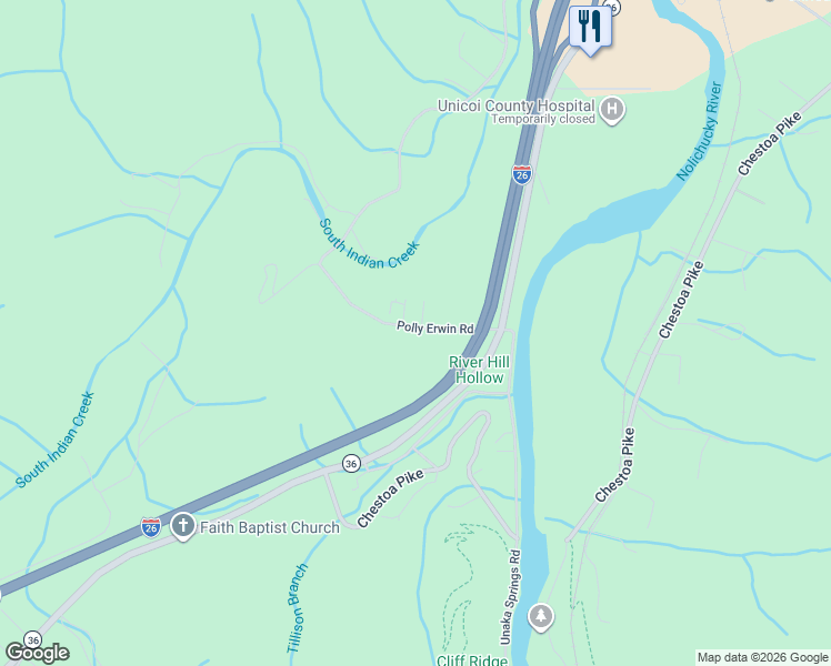 map of restaurants, bars, coffee shops, grocery stores, and more near 102 Natalie Lane in Erwin