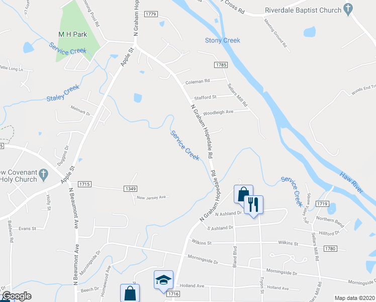 map of restaurants, bars, coffee shops, grocery stores, and more near 1144 North Graham Hopedale Road in Burlington