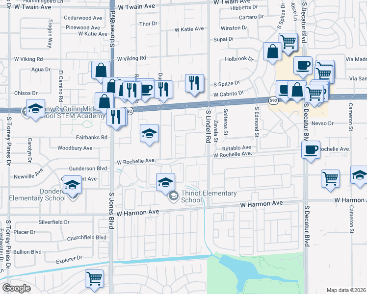 map of restaurants, bars, coffee shops, grocery stores, and more near 4252 Rollingstone Drive in Las Vegas