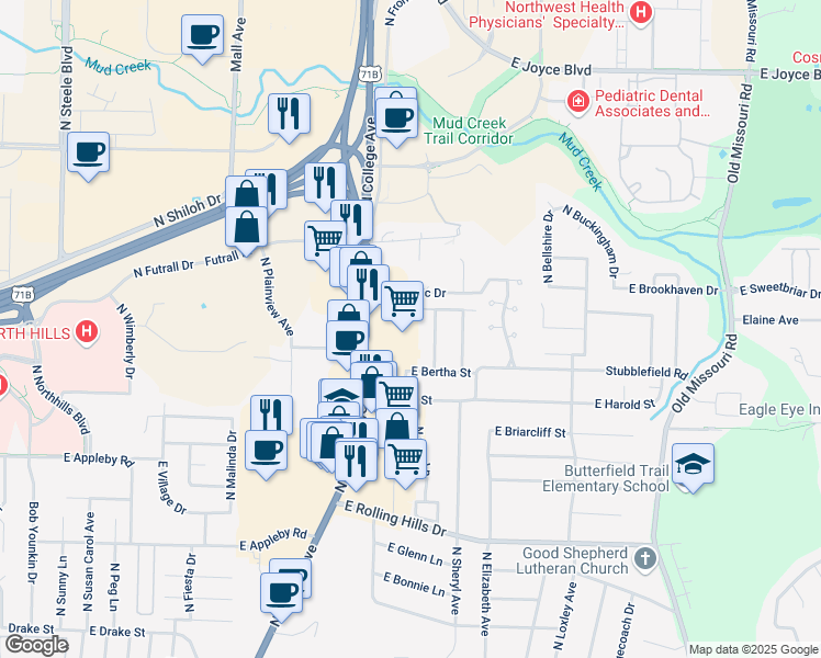 map of restaurants, bars, coffee shops, grocery stores, and more near 101 E Alice St in Fayetteville