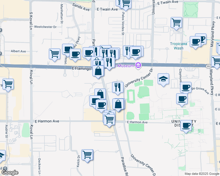 map of restaurants, bars, coffee shops, grocery stores, and more near Unnamed Road in Las Vegas