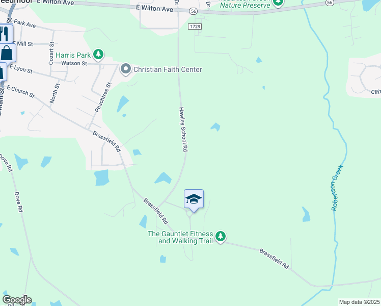 map of restaurants, bars, coffee shops, grocery stores, and more near 1700 Hawley School Road in Creedmoor