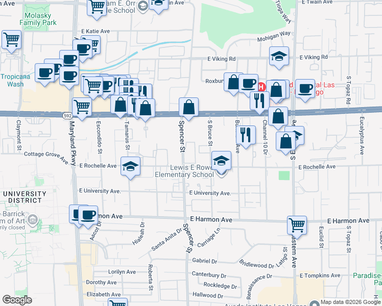 map of restaurants, bars, coffee shops, grocery stores, and more near 4248 Spencer Street in Las Vegas