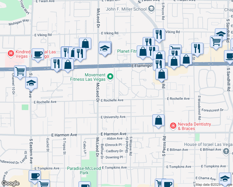 map of restaurants, bars, coffee shops, grocery stores, and more near 3145 East Flamingo Road in Las Vegas