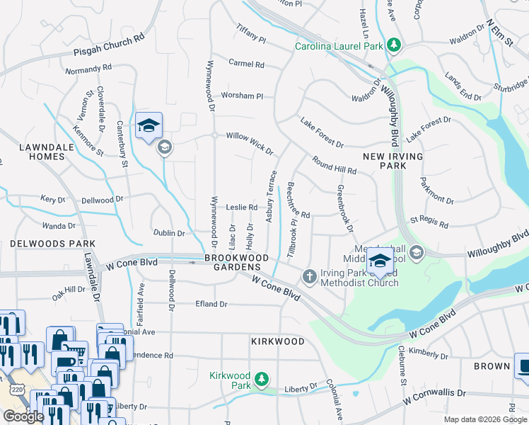 map of restaurants, bars, coffee shops, grocery stores, and more near 2800 Asbury Terrace in Greensboro