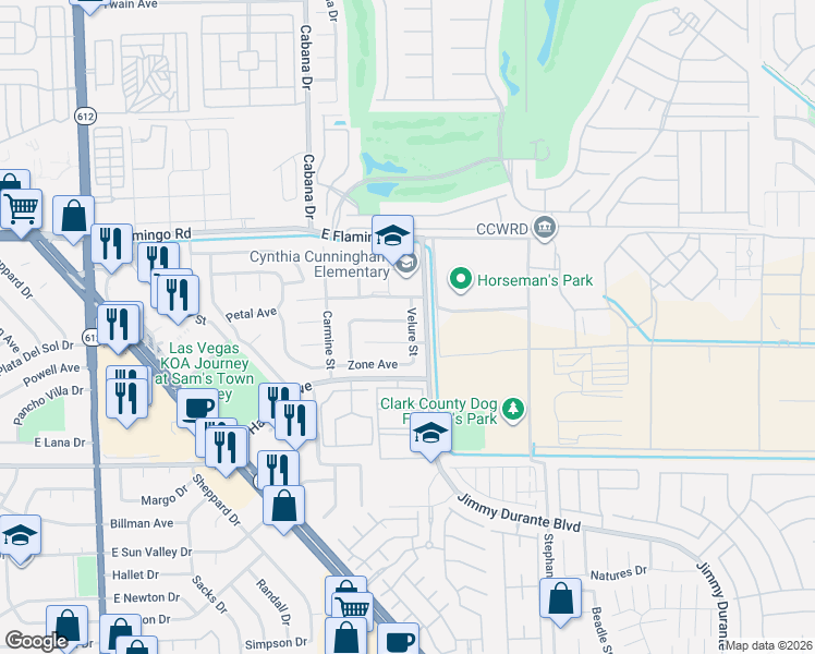 map of restaurants, bars, coffee shops, grocery stores, and more near 4234 Velure Street in Las Vegas
