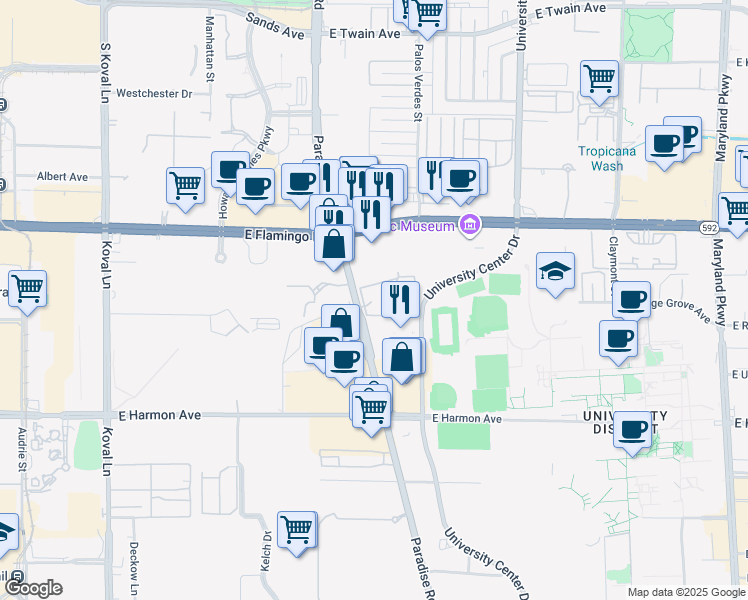 map of restaurants, bars, coffee shops, grocery stores, and more near Unnamed Road in Las Vegas