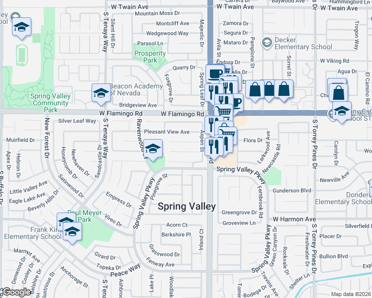 map of restaurants, bars, coffee shops, grocery stores, and more near 6996 Pinebrook Court in Las Vegas