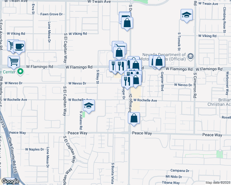 map of restaurants, bars, coffee shops, grocery stores, and more near 4235 Rimwood Court in Las Vegas