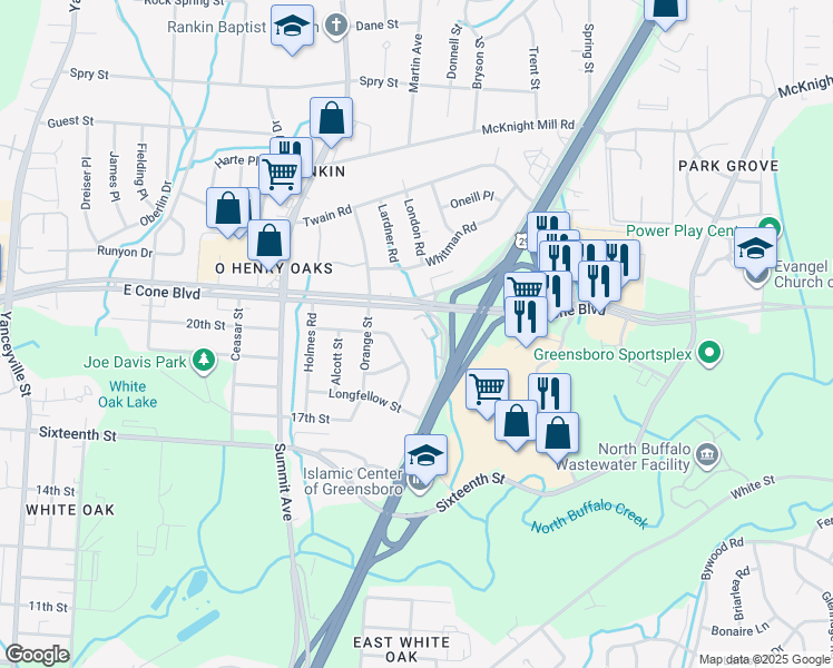 map of restaurants, bars, coffee shops, grocery stores, and more near 2831 North Ohenry Boulevard in Greensboro