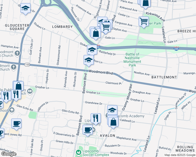 map of restaurants, bars, coffee shops, grocery stores, and more near 1503 Woodmont Boulevard in Nashville