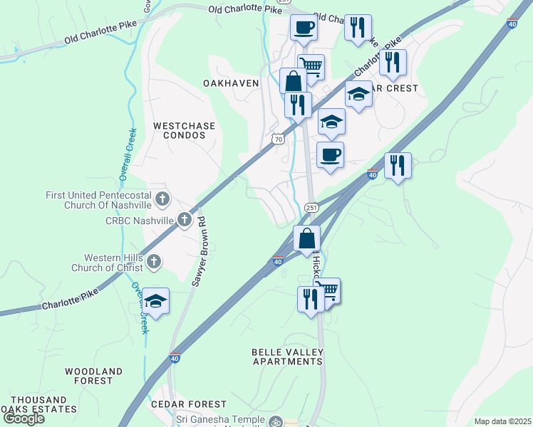map of restaurants, bars, coffee shops, grocery stores, and more near 645 Old Hickory Boulevard in Nashville