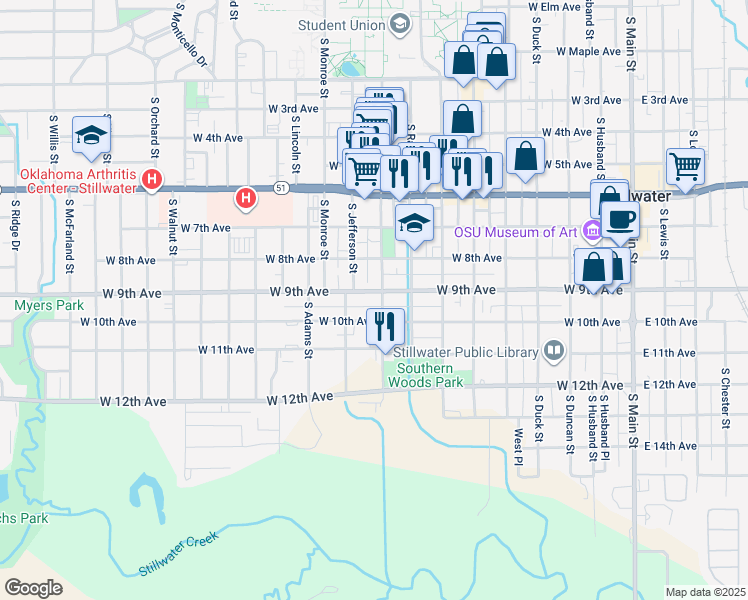 map of restaurants, bars, coffee shops, grocery stores, and more near 824 South Washington Street in Stillwater