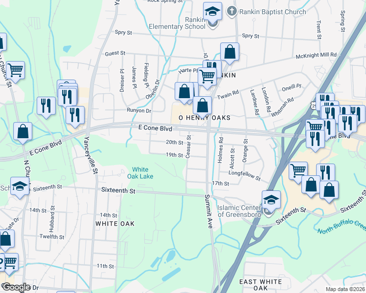 map of restaurants, bars, coffee shops, grocery stores, and more near 1423 20th Street in Greensboro
