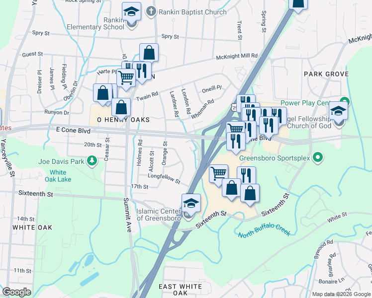 map of restaurants, bars, coffee shops, grocery stores, and more near 2831 North Ohenry Boulevard in Greensboro