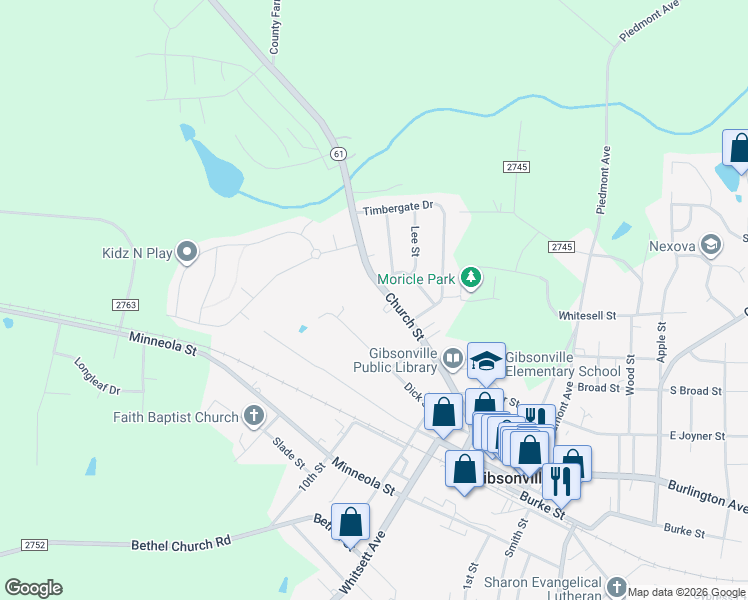map of restaurants, bars, coffee shops, grocery stores, and more near 717 Church Street in Gibsonville
