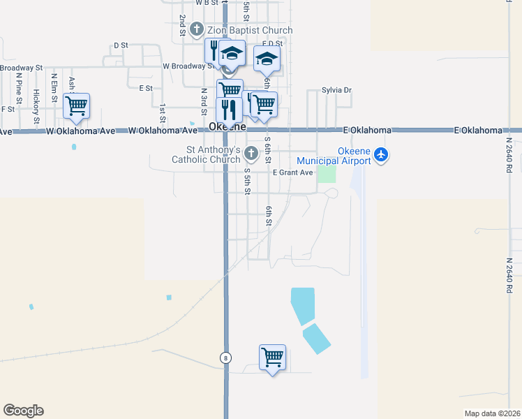 map of restaurants, bars, coffee shops, grocery stores, and more near 407 6th Street in Okeene