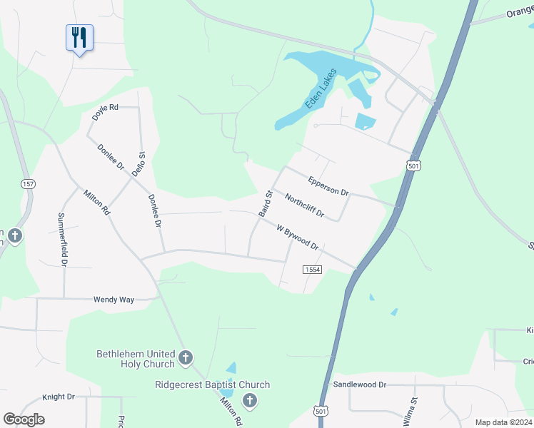 map of restaurants, bars, coffee shops, grocery stores, and more near 326 West Bywood Drive in Durham