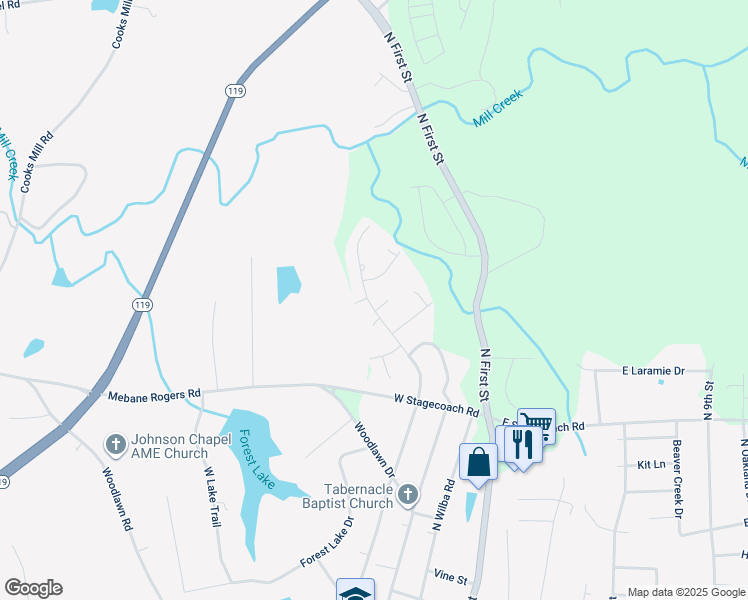 map of restaurants, bars, coffee shops, grocery stores, and more near 900 North Carr Street in Mebane