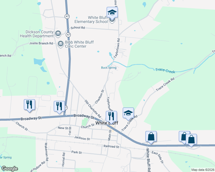 map of restaurants, bars, coffee shops, grocery stores, and more near 1220 Taylortown Road in White Bluff