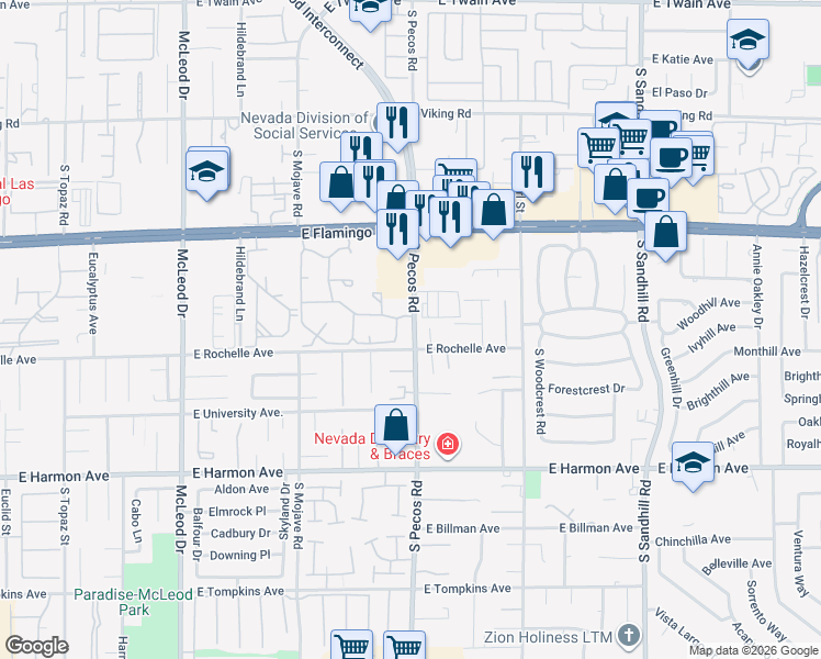 map of restaurants, bars, coffee shops, grocery stores, and more near 4245 South Pecos Road in Las Vegas