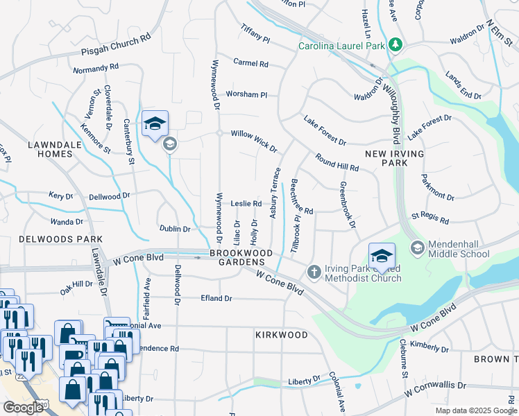 map of restaurants, bars, coffee shops, grocery stores, and more near 2718 Holly Drive in Greensboro