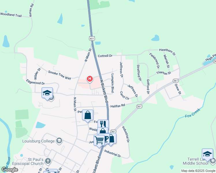 map of restaurants, bars, coffee shops, grocery stores, and more near James Avenue in Louisburg