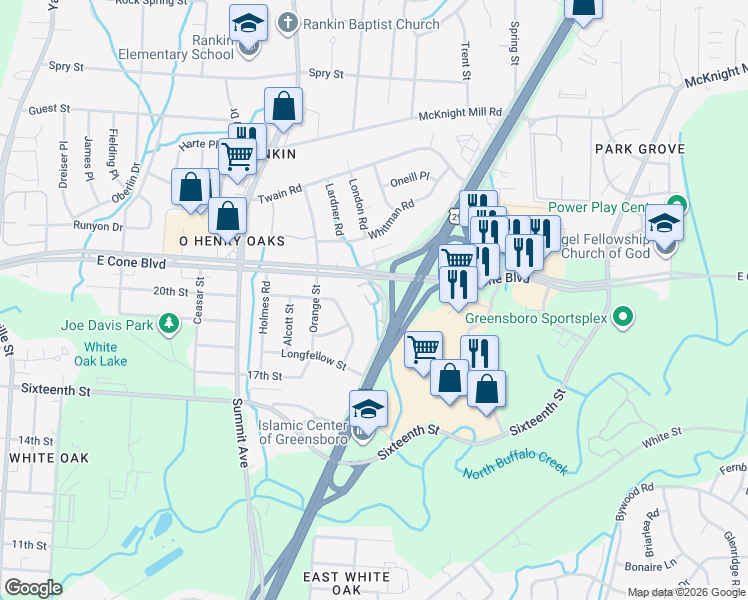 map of restaurants, bars, coffee shops, grocery stores, and more near 2831 North Ohenry Boulevard in Greensboro