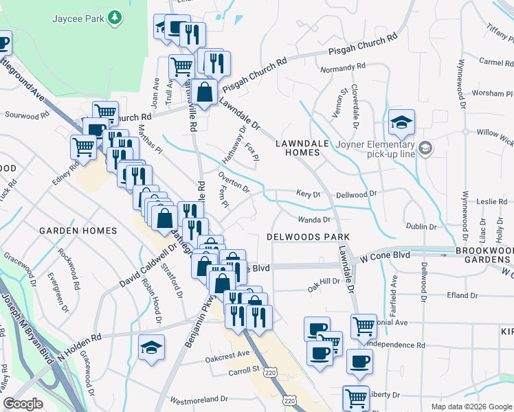 map of restaurants, bars, coffee shops, grocery stores, and more near 2305 Kery Drive in Greensboro