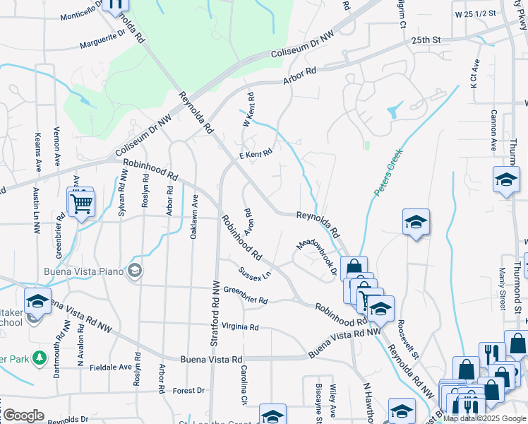 map of restaurants, bars, coffee shops, grocery stores, and more near 1422 Reynolda Road in Winston-Salem