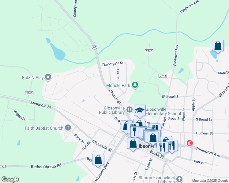 map of restaurants, bars, coffee shops, grocery stores, and more near 708 Church Street in Gibsonville