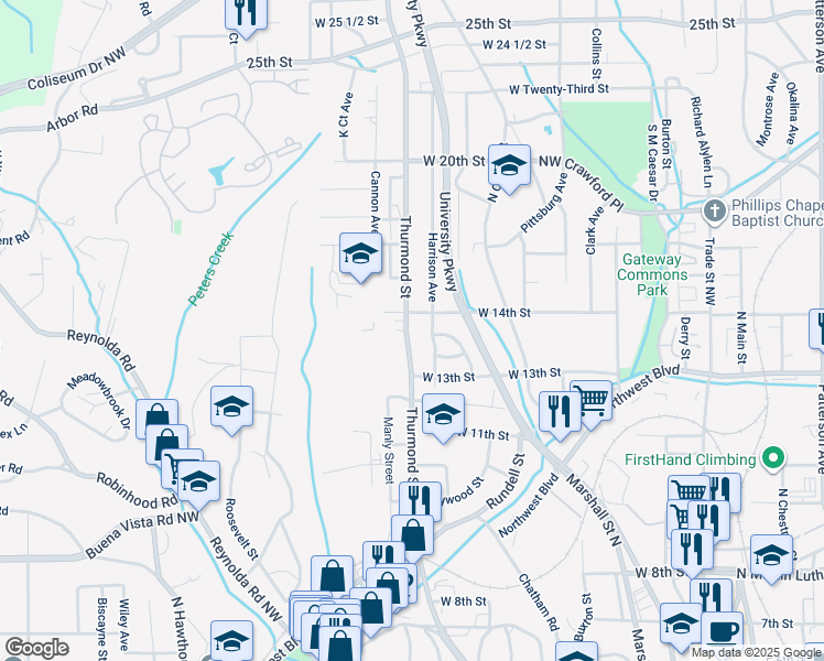 map of restaurants, bars, coffee shops, grocery stores, and more near 1341 Thurmond Street in Winston-Salem