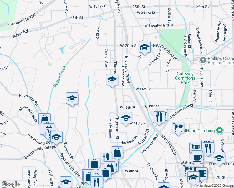 map of restaurants, bars, coffee shops, grocery stores, and more near 1341 Thurmond Street in Winston-Salem