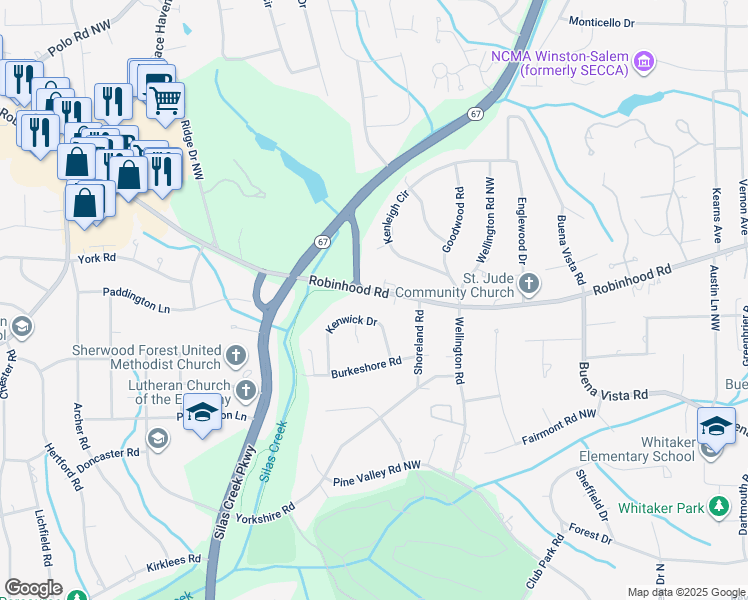 map of restaurants, bars, coffee shops, grocery stores, and more near 3140 Robinhood Road in Winston-Salem