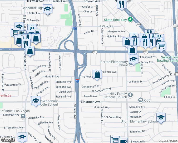 map of restaurants, bars, coffee shops, grocery stores, and more near 4261 El Moor Way in Las Vegas