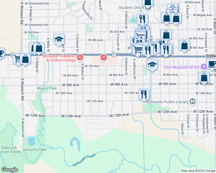 map of restaurants, bars, coffee shops, grocery stores, and more near 818 South Blakeley Street in Stillwater