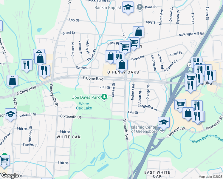 map of restaurants, bars, coffee shops, grocery stores, and more near 1424 20th Street in Greensboro