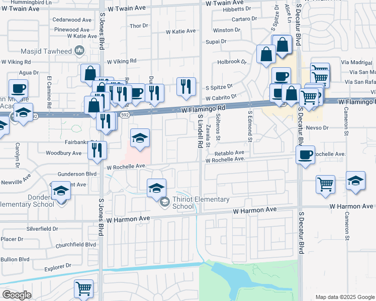 map of restaurants, bars, coffee shops, grocery stores, and more near 5576 West Rochelle Avenue in Las Vegas