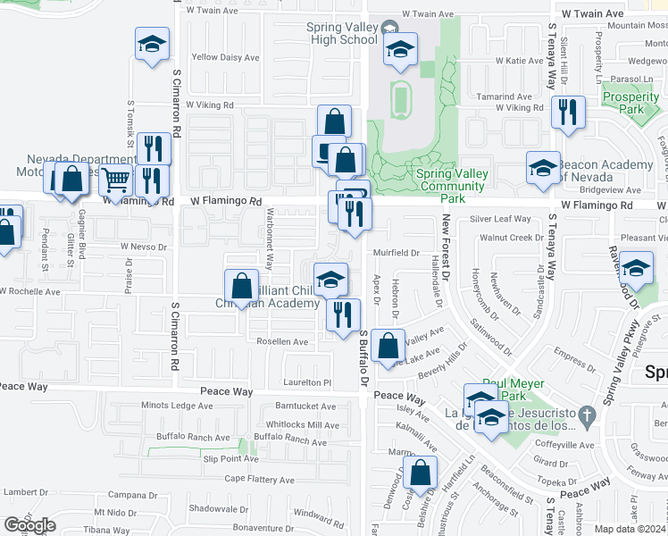 map of restaurants, bars, coffee shops, grocery stores, and more near 7885 West Flamingo Road in Las Vegas