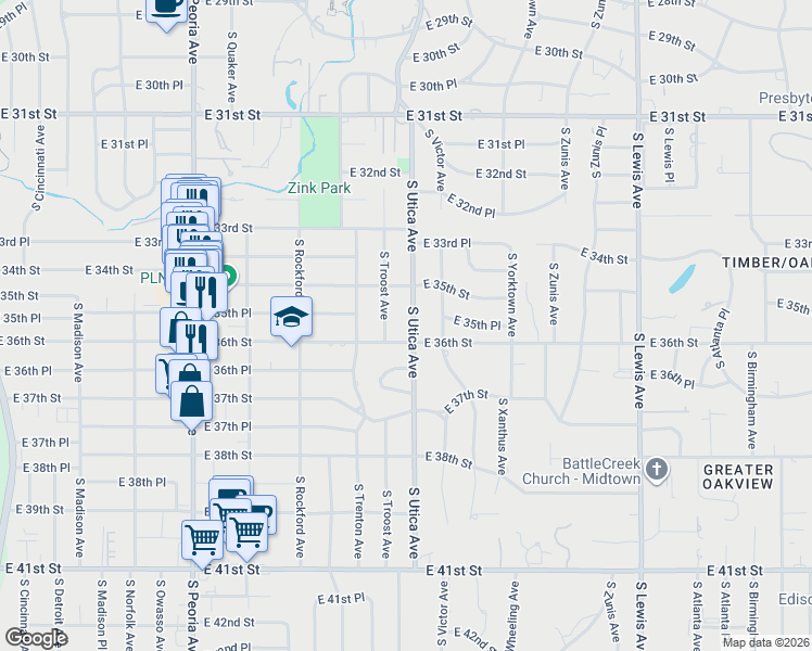 map of restaurants, bars, coffee shops, grocery stores, and more near 3538 South Utica Avenue in Tulsa