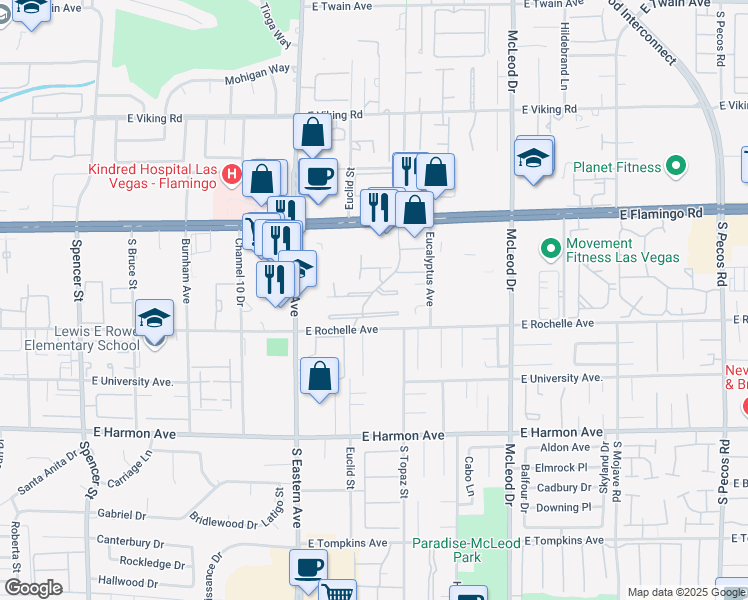 map of restaurants, bars, coffee shops, grocery stores, and more near 2547 Egret Circle in Las Vegas